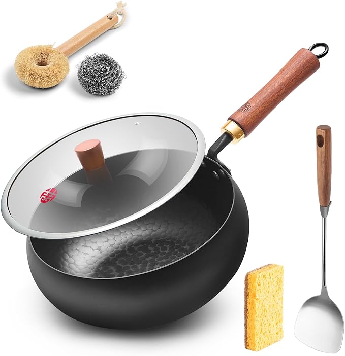 WANGYUANJI 9.5-Inch Iron Wok Pan with Lid & Spatula, Deep Flat-Bottom Stir Fry, Uncoated & Unseasoned, Induction Compatible, Upgraded Wooden Handle