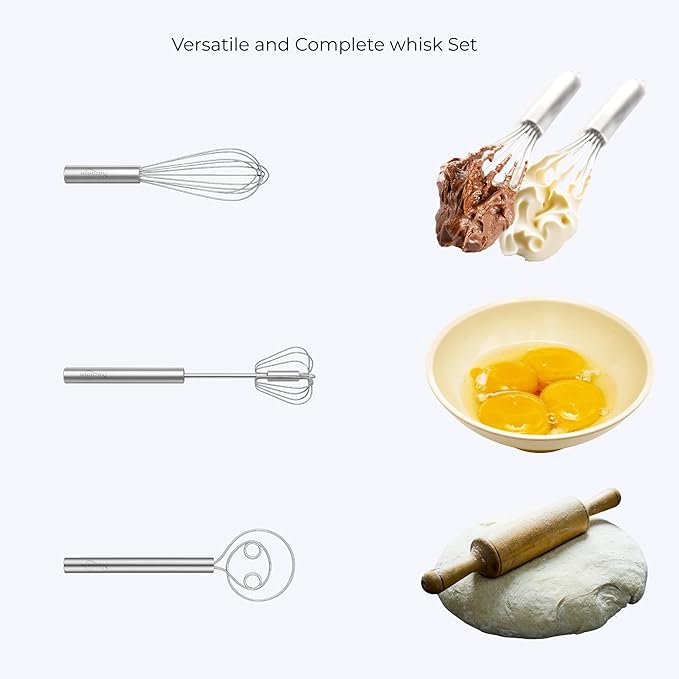 NAZANIN 3-Piece Whisk Set – 304 Stainless Steel Mixing Whisk, Danish Dough Whisk, Semi-Automatic Egg Whisk – Heavy Duty Hand Whisks for Baking, Dough, Eggs, Coffee, Kitchen Tools