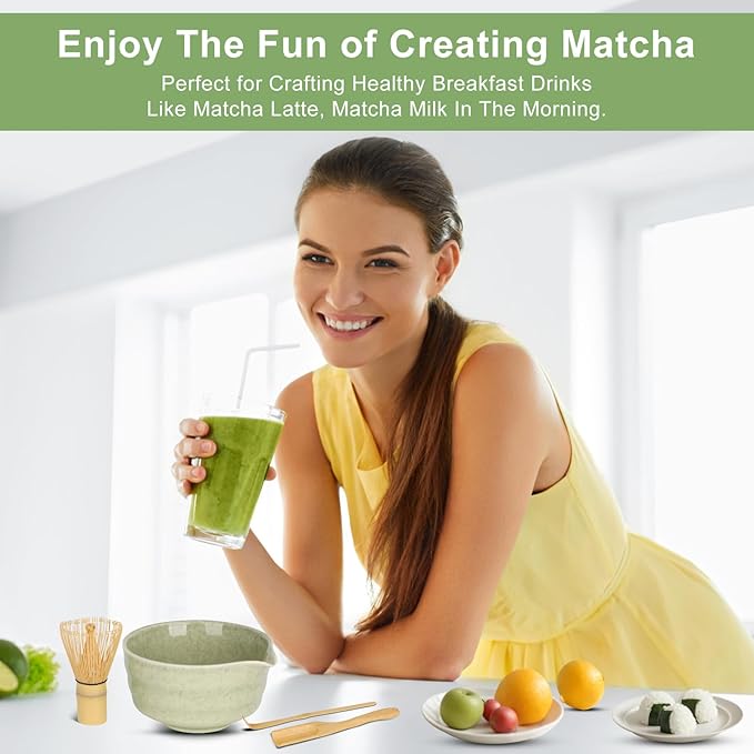7 Pcs Matcha Whisk Set Kit, Includes Bowl, Bamboo Whisk and Holder, Bamboo Scoop, Scoop, Sifter and Tea Towel