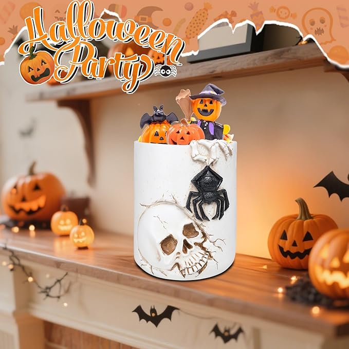 Halloween Large Witch Cauldron Bucket 11.72" White Candy Pot with Skull Spider Resin Halloween Candy Bucket Indoor Decorations for Table Decor Trick or Treat Party Supplies Witch Kettle