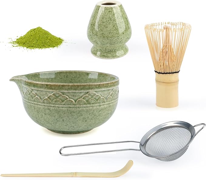 Japanese Matcha Whisk Set, 5-Piece Traditional Chasen & Chawan Bowl Kit with Bamboo Whisk, Scoop, Strainer, Complete Ceramic Set for Matcha Making at Home