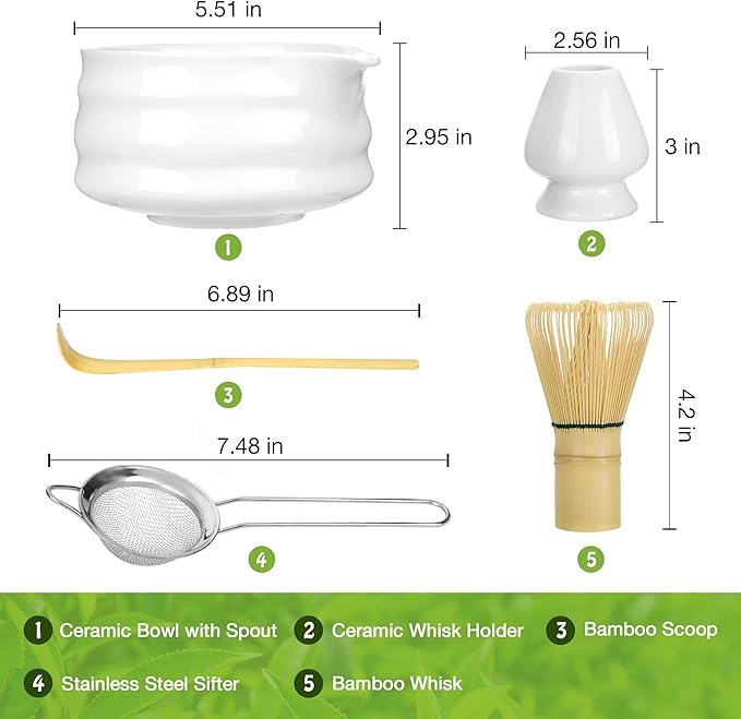 Matcha Whisk Set- Matcha Set includes Matcha Whisk and Bowl with Spout, Sifter, Holder and Scoop- The Perfect Bamboo Whisk for Matcha Tea (White)