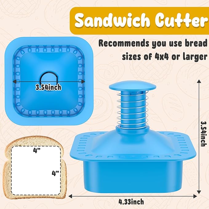 Sandwich Cutter and Sealer Square Cut and Seal Sandwich Maker, Crustless Peanut Butter & Jelly Sandwich Cookie Cutter-Blue Square