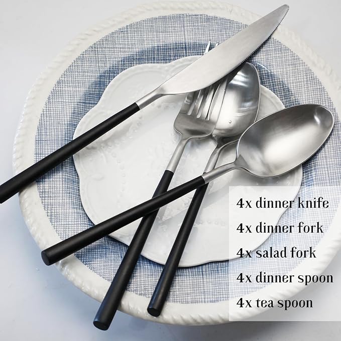 Black 20-Piece Silverware Set with Resin Handle,Stainless Steel Flatware Set, Modern Cutlery Set, Service for 4, Dishwasher Safe