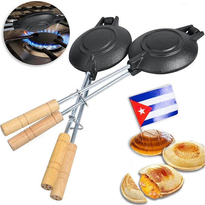 Original Disquera de Pan Cubano Redondo – Set of 2 Cast Iron Cuban Sandwich Presses – Traditional Discos Voladores Maker – 15” with Wooden Handles