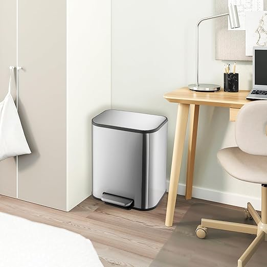 5.3 gal Kitchen Trash Can, 20 L Stainless Steel Garbage Can with Soft-Close Lid, Rectangular Waste Bin with Inner Bucket for Home Office Living Room