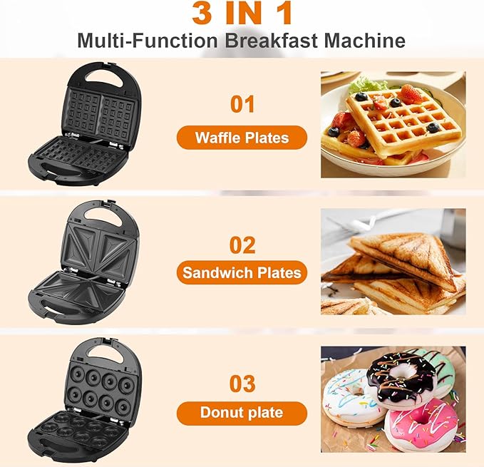 3-in-1 Mini Waffle Maker with Non-Stick Plates, Electric Sandwich Maker, Mini Donut Maker, Breakfast Sandwich Maker Press with Removable Plates, Compact Design & Adjustable Temperature Knob