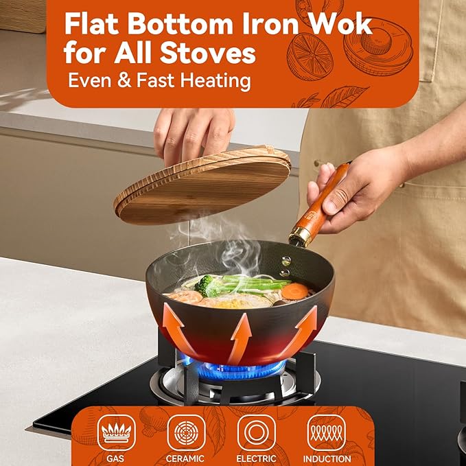 WANGYUANJI 8.7" Small Iron Wok with Solid Wood Lid & Wok Spatula, Deep Frying Pan/Pot, Flat-Bottom, Uncoated & Unseasoned, Induction/Gas/Electric Compatible, Wooden Handle, 2.2-QT