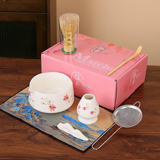 Matcha Set 7-Piece matcha whisk set Kit with Ceramic Bowl, Bamboo Whisk & Holder, 1 Scoops, Strainer, Tea Cloth Pink gift box (white)