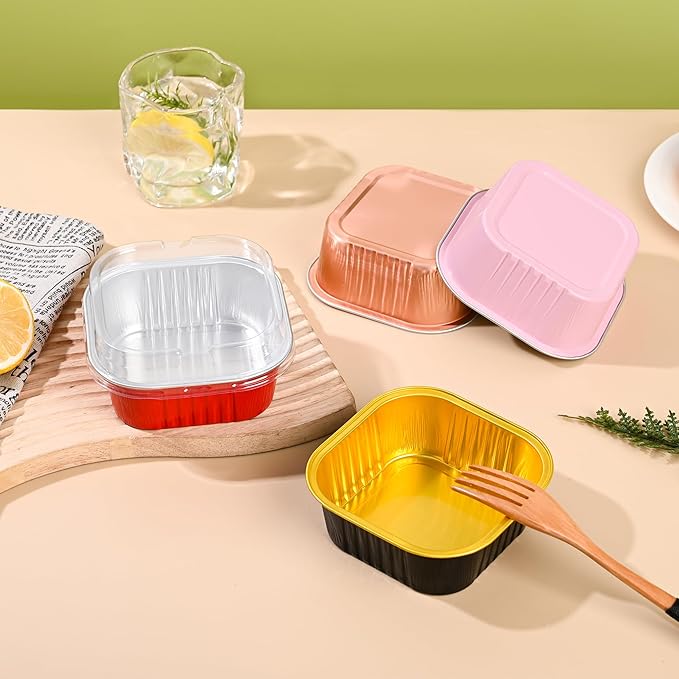Mini Cake Pans With Lids (10oz,40 Pack) 4”x4” Aluminum Foil Square Cupcake Liners Brownie Baking Cups, Disposable Large Cupcake Pan, Jumbo Muffin Tin Ramekins Holders