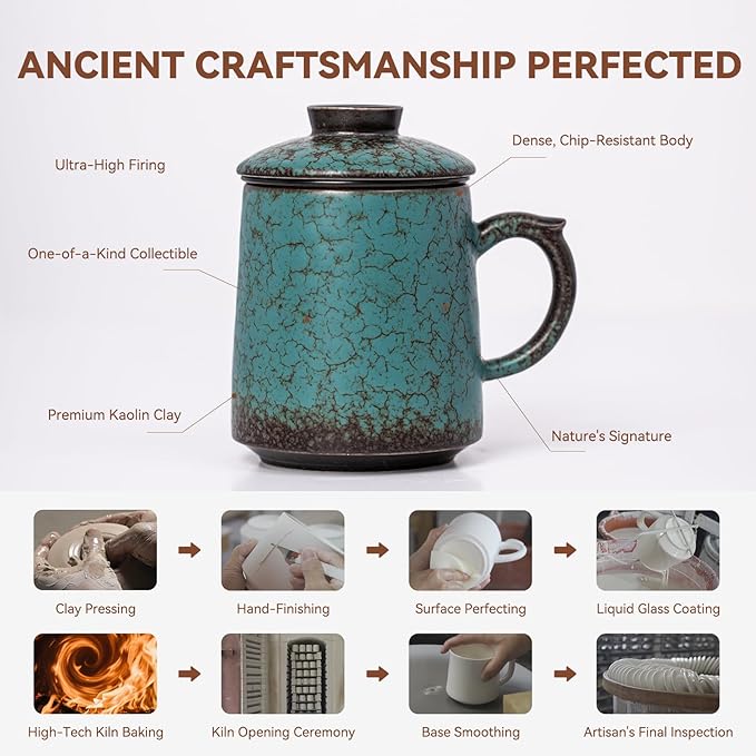 Tea Cup with Infuser and Lid 15oz - Kiln-Transformed Ceramic Mug with Peacock Glaze, Unique Loose Leaf Tea Set, Anniversary Birthday Gift