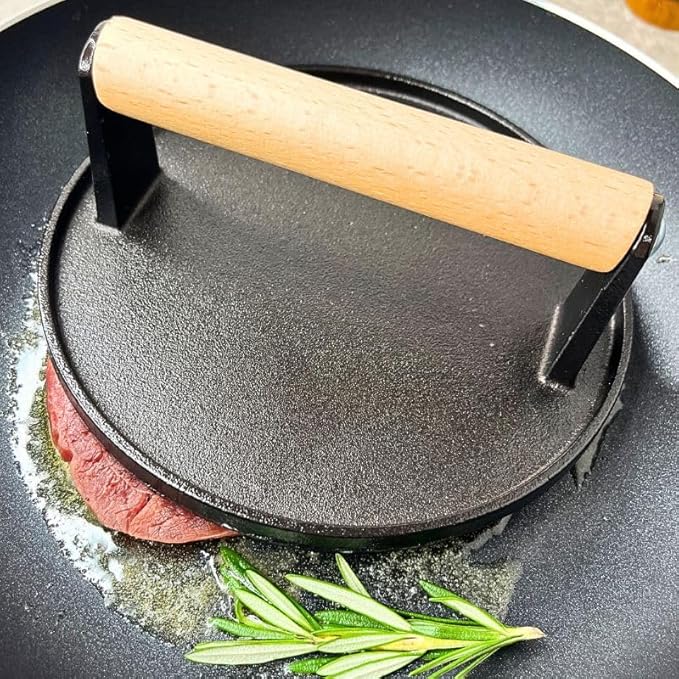 Burger Press 6.9 Inch Round Heavy Duty Cast Iron Hamburger Press with Wooden Handle, Meat Press,Bacon and Steak Meat Press, for Griddle,Barbecue Grilling Tool