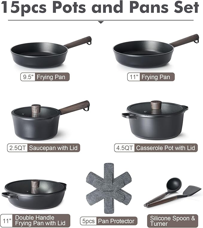 SENSARTE Nonstick Cookware Set Pots and Pans Set Kitchen Non-stick Cooking Set, Dishwasher & Oven Safe, Induction Compatible, Free of Intentionally Added PFOA/PFOS, 15pcs, Black