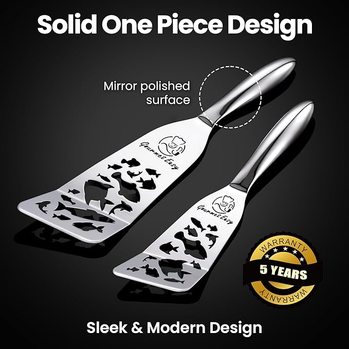 Stainless Steel Fish Spatula Set – Funky Fish Edition, 1 Large Fish Turner + 1 Small Metal Spatula, Ultra Thin Edge for Easy Turning & Flipping, Ergonomic Non-Slip Handle, Dishwasher Safe