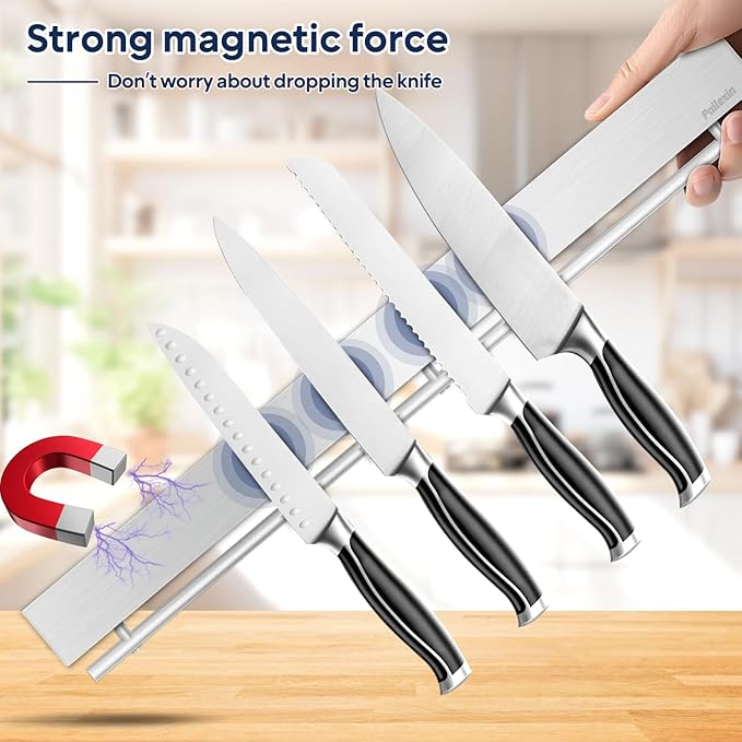 20 inch magnetic knife holder with 10 hooks, no drilling knife magnetic strip, and utensil hanger for wall. Powerful knife magnet rack includes tape and screw