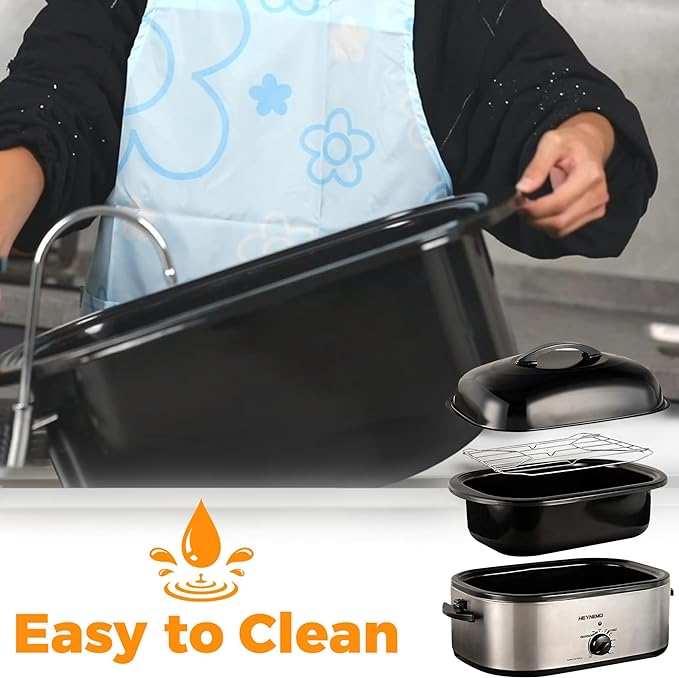 22 Quart Electric Roaster Oven with Visible & Self-Basting Lid, Large Turkey Roaster with Defrost Warm Function, Adjustable Temperature, Removable Pan Rack, Stainless Steel