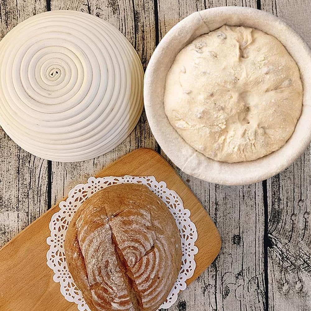 KONGDY Banneton Bread Proofing Basket, 10 Inch Round Sourdough Proofing Basket with Linen Liner, Bread Making Starter Kit, Bread Lame