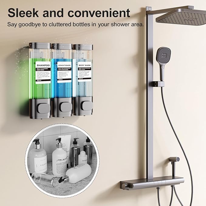 3-Chamber Wall Mounted Shampoo and Conditioner Dispenser,300ML Each Shower Soap Dispenser,Easy Refill,No Drip,Ideal for Shampoo,Conditioner,Body Wash for Bathroom Kitchen Hotel