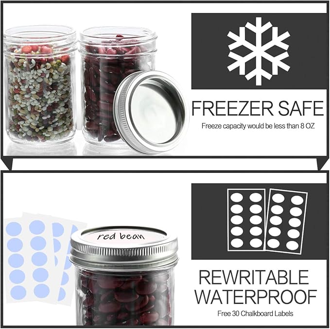 KAMOTA Mason Jars, 8 oz Glass Jars With Regular Lids and Bands, Ideal for Jam, Honey, Wedding Favors, Shower Favors, DIY Magnetic Spice Jars, 20 PACK, Extra 20 Lids & 30 Whiteboard Labels