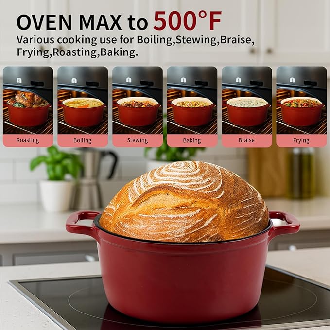 Enamel Cast Iron Dutch Oven with Lid,2.75QT Round Casserole Pot for Bread Baking, Braising,Roasting, Stews and Soups,Multipurpose Cookware,Oven Safe and Induction Compatible (2.75QT,Red)