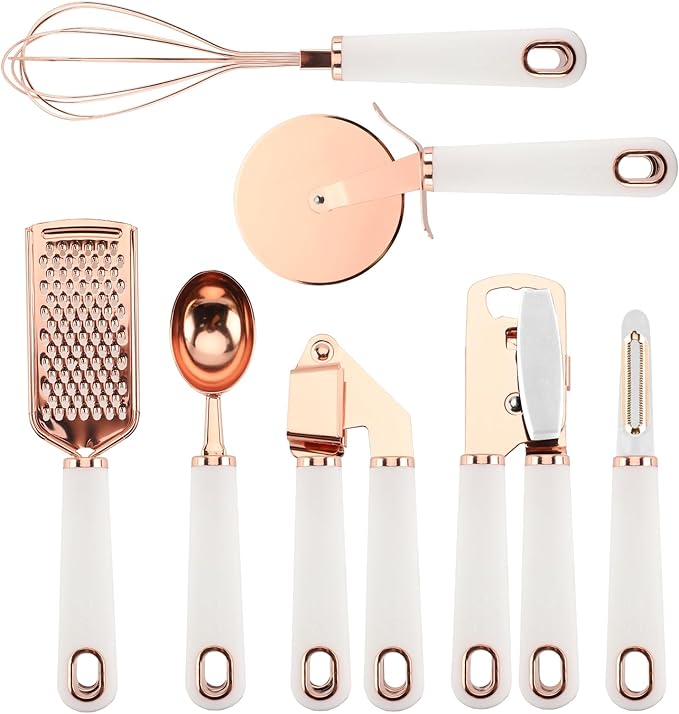 COOK WITH COLOR Kitchen Gadget Set Copper Plated Stainless Steel Utensils with Soft Touch Handles, Copper White, 7 Pieces
