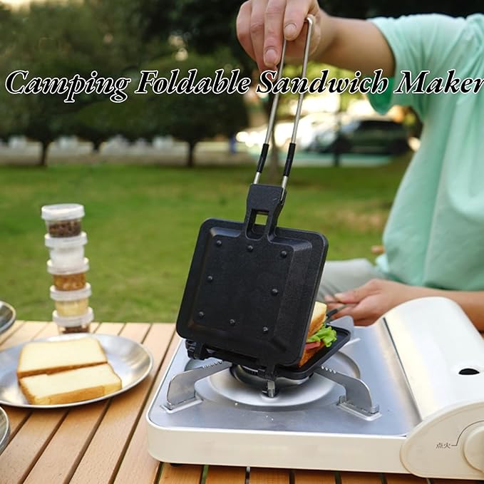 Sandwich Maker, Double Sided Camping Foldable Maker Nonstick Coating Hot Toaster Stovetop Toasted Sandwich Maker Flip Pan Rustproof with Foldable Handle for Outdoor Use