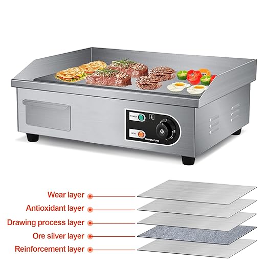 22" Electric Countertop Flat Top Griddle 1600W 110V Non-Stick Commercial Restaurant Teppanyaki Grill Stainless Steel Adjustable Temperature Control 50~300℃