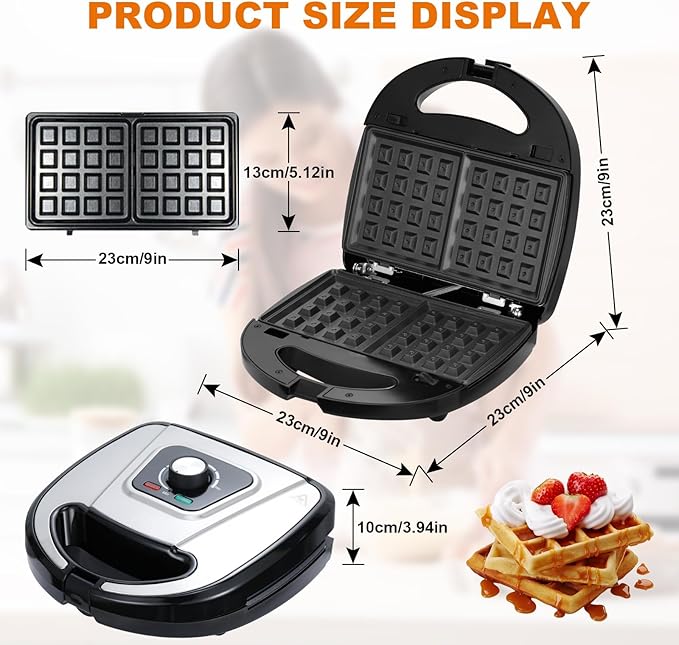 3-in-1 Mini Waffle Maker with Non-Stick Plates, Electric Sandwich Maker, Mini Donut Maker, Breakfast Sandwich Maker Press with Removable Plates, Compact Design & Adjustable Temperature Knob