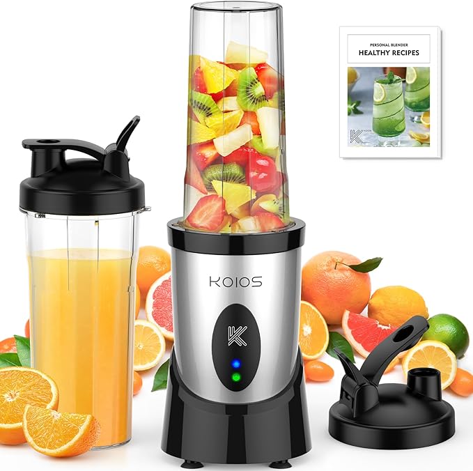 KOIOS Smoothie Blender, 900W Personal Blender for Shakes and Smoothies Kitchen with 2 No-BPA 22oz Portable Cups, Single Serve Smoothies Maker Mixer for Juices, Nutritious Recipe, Sliver