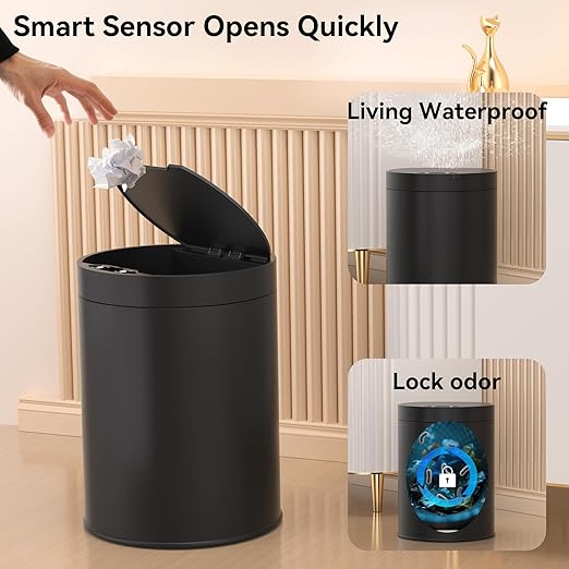 Bathroom Trash Can with Lid 2.6 Gallon Stainless Steel TrashCans Automatic Bathroom Garbage Can for Bedroom, Kitchen, Office