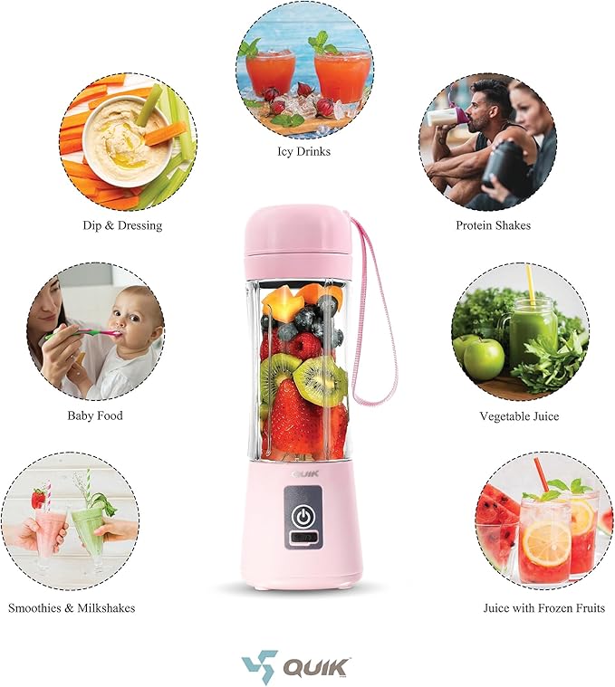 Portable Blender - Cordless 13oz. Personal Blender for Shakes and Smoothies, BPA Free, USB-C Rechargeable, Mini juicer for Travel, Leakproof, Powerful Blending, Juicer Cup, Ice Crush (Pink)