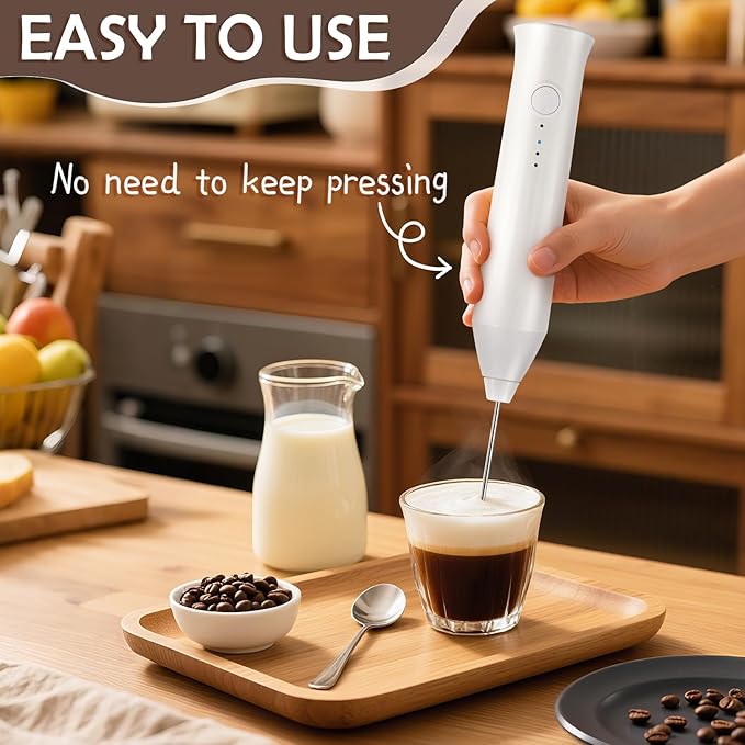 Milk Frother - Electric Handheld Milk Foam Maker with 2 Stainless Steel Whisk, Rechargeable 3 Speeds for Coffee Lattes Cappuccino Matcha