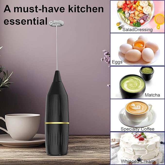 Mini Milk Frother Handheld, Coffee Mixer & Matcha Whisk | Compact, Easy to Clean & Multi-Use | for Lattes, Hot Chocolate, Eggs, Frappe | Kitchen Essentials Gift (Black)