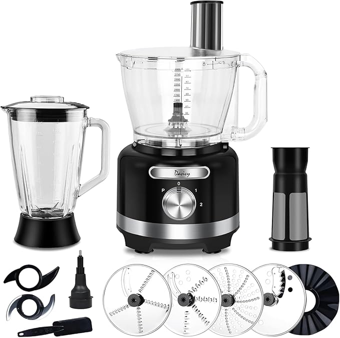 Davivy 16-Cup Food Processor and Blender, 6-Cup (50oz) Glass Blender Food Processors Combo – 10-in-1 Full-Size Food Processor with 600W Motor, 2 Speeds + Pulse for Home Use, Black