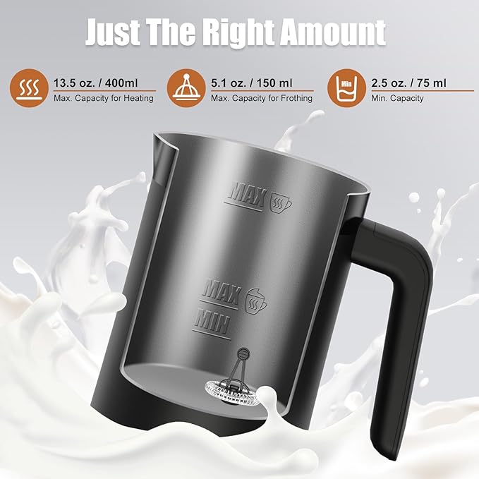 Milk Frother, 4-in-1 Milk Frother and Steamer, 13.5oz/400ml Automatic Hot and Cold Foam Maker and Milk Warmer, Electric Frother for Coffee, Latte, Cappuccino, Macchiato, Matcha(Ebony)