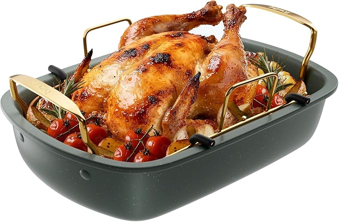 Nonstick Roasting Pan, 17 Inch x 13 Inch Large Roaster Pan with Removable Rack, Roaster for Roasting Turkey, Meat & Vegetables (Green）