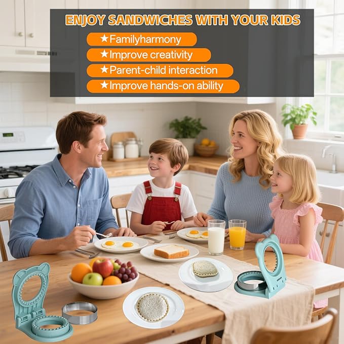Sandwich Cutter and Sealer - 3.7" Circle & Square Pocket Sandwich Maker, Intuitive & Easy-to-Use for Boys &Girls, Perfect for Breakfast & Lunchboxes (Light Blue, Round)