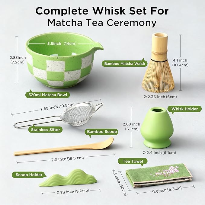 Matcha Whisk Set Gift Box - Matcha Set with Whisk and Bowl, 7 Pcs Matcha Kit Includes Ceramic Matcha Bowl, Bamboo Whisk & Holder, Scoop & Rest, Sifter and Tea Towel, Complete Matcha Making Kit, Green