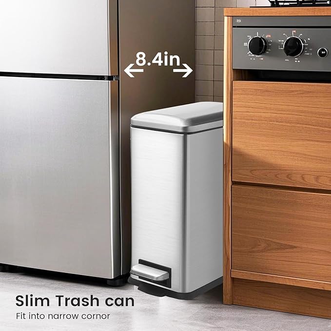 Silver 16.7L/4.4 Gallon Bathroom Trash Can with Lid. Features a removable inner bucket, a soft - close lid, and a stainless - steel step pedal. Ideal for use in the bathroom, kitchen, and home office.