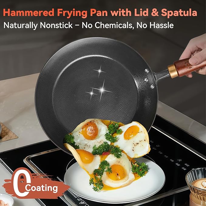 WANGYUANJI 10.2" Iron Skillet with Glass Lid & Griddle Spatula, Flat-Bottom Frying Pan, Hand-Hammered, Uncoated, Induction/Gas/Electric Compatible — Seasoning Required