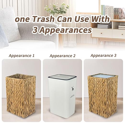 NAIJUTE Wicker Trash Can,3 Gallon Wicker Waste Basket,Boho Handwoven Trash Can with Lid for Kitchen Bathroom Office