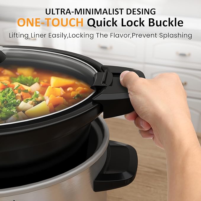 Sunvivi 4QT Programmable Slow Cooker with Locking Lid, Removable Ceramic Pot, 3 Heating Settings & Timer, Dishwasher-Safe, Stainless Steel