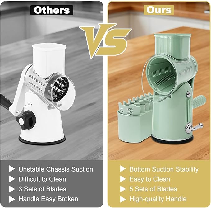 Rotary Hand Crank Cheese Grater, 5-in-1 Replaceable Stainless Blades Vegetable Shredder with Handle and Strong Suction Base, Easy-Clean Multipurpose Kitchen Slicer with Blade Storage Box(Green)