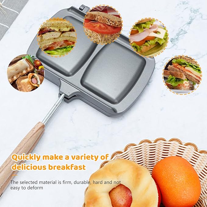 Double-Sided Nonstick Sandwich Maker, Flip Grill Pan for Breakfast, Pancakes, Omelets, Frittatas, Toast (Silver, 30.5*14.2*4.2cm)