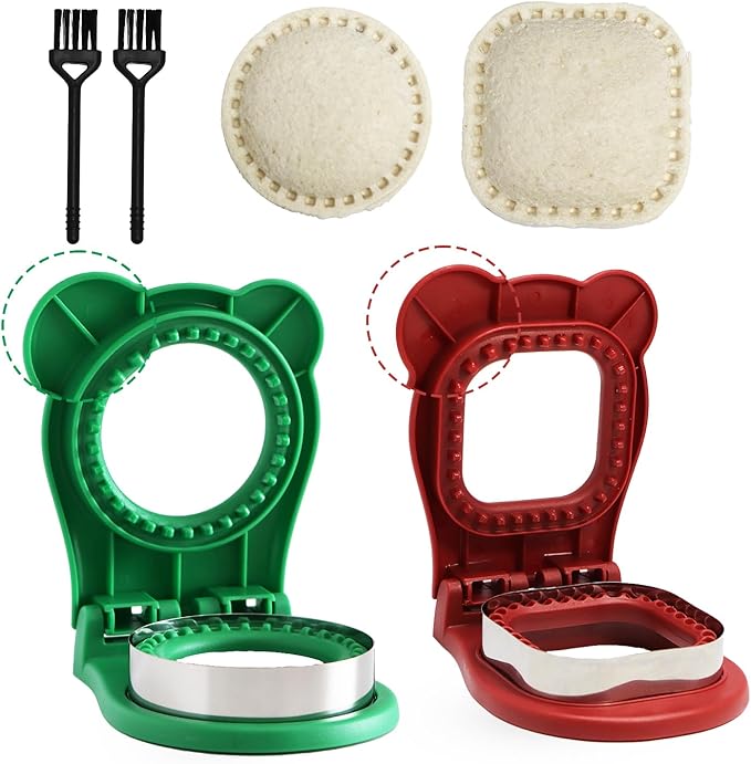 2Pcs Sandwich Cutter and Sealer,Round&Square Uncrustable Sandwich Maker with Seal Edge,Crustless Sandwich Cutter with Brush,Sandwich Sealer for DIY Breakfast Lunch Picnic(Red S+Green R)