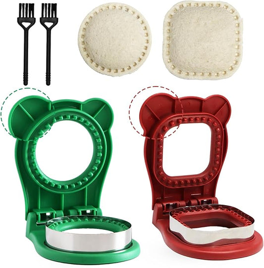 2Pcs Sandwich Cutter and Sealer,Round&Square Uncrustable Sandwich Maker with Seal Edge,Crustless Sandwich Cutter with Brush,Sandwich Sealer for DIY Breakfast Lunch Picnic(Red S+Green R)
