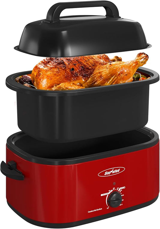 Sunvivi Electric Roaster Oven, 24 Quart with Glass Lid, Turkey Roaster, Self-Basting Lid, Removable Pan, Cool-Touch Handles, Red