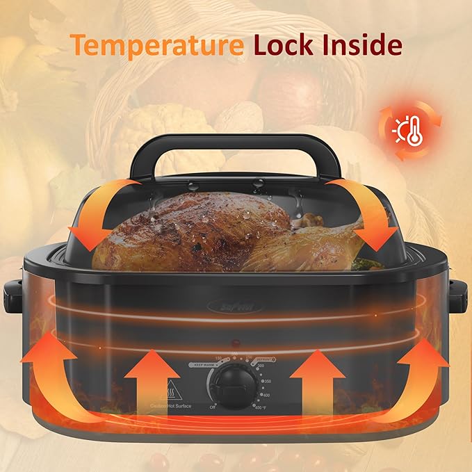 Sunvivi Electric Roaster, 28-Quart Electric Roaster Oven featuring a Glass Lid, Ideal for Turkey Roasting with Self-Basting Cover, Detachable Pan, Cool-Touch Handles, Grey
