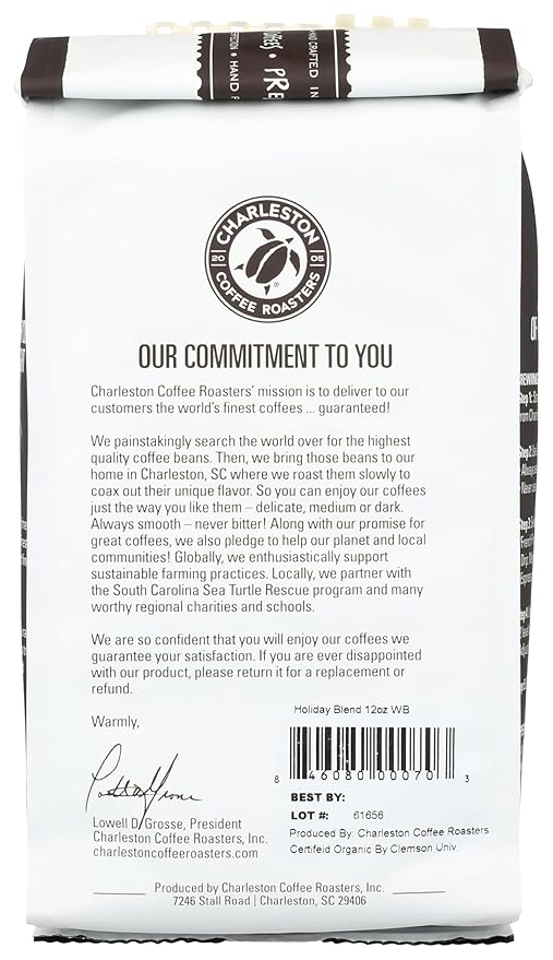 Charleston Coffee Roasters | Specialty Organic Whole Bean Bag | Hand Picked, Premium Slow Roast | Holiday Blend (12oz)