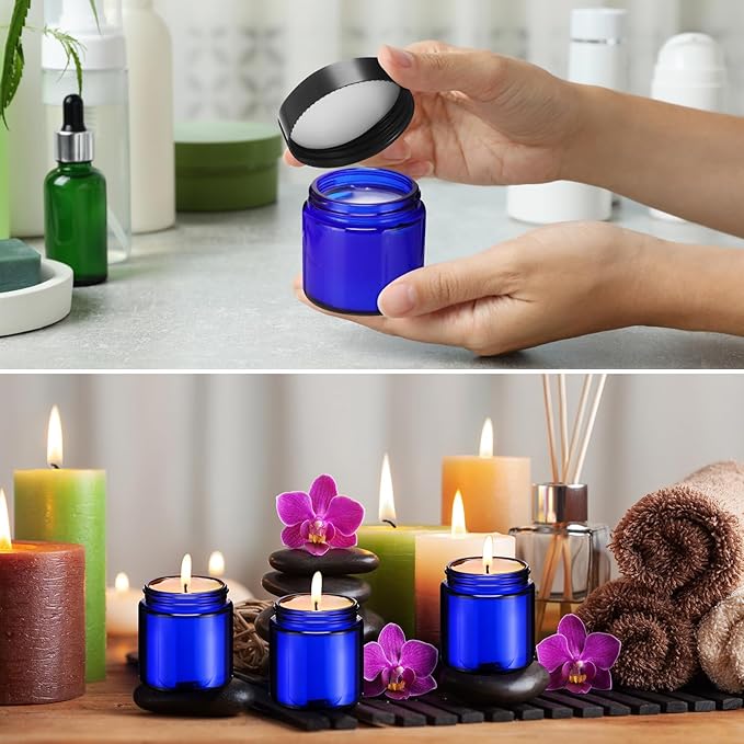 Norme 48 Pcs 4 oz Glass Jars with Lids Leakproof Round Airtight Empty Cosmetic Jars with Inner Liners Lid for Storing Lotions Powder Ointments Candle Making Tins (Black,Blue)